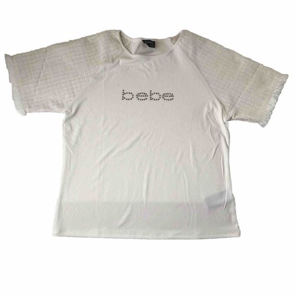 Bebe Embellished Ribbed Top Frayed Hem Sleeve Color Marshmallow Size Juniors XL - Picture 1 of 13